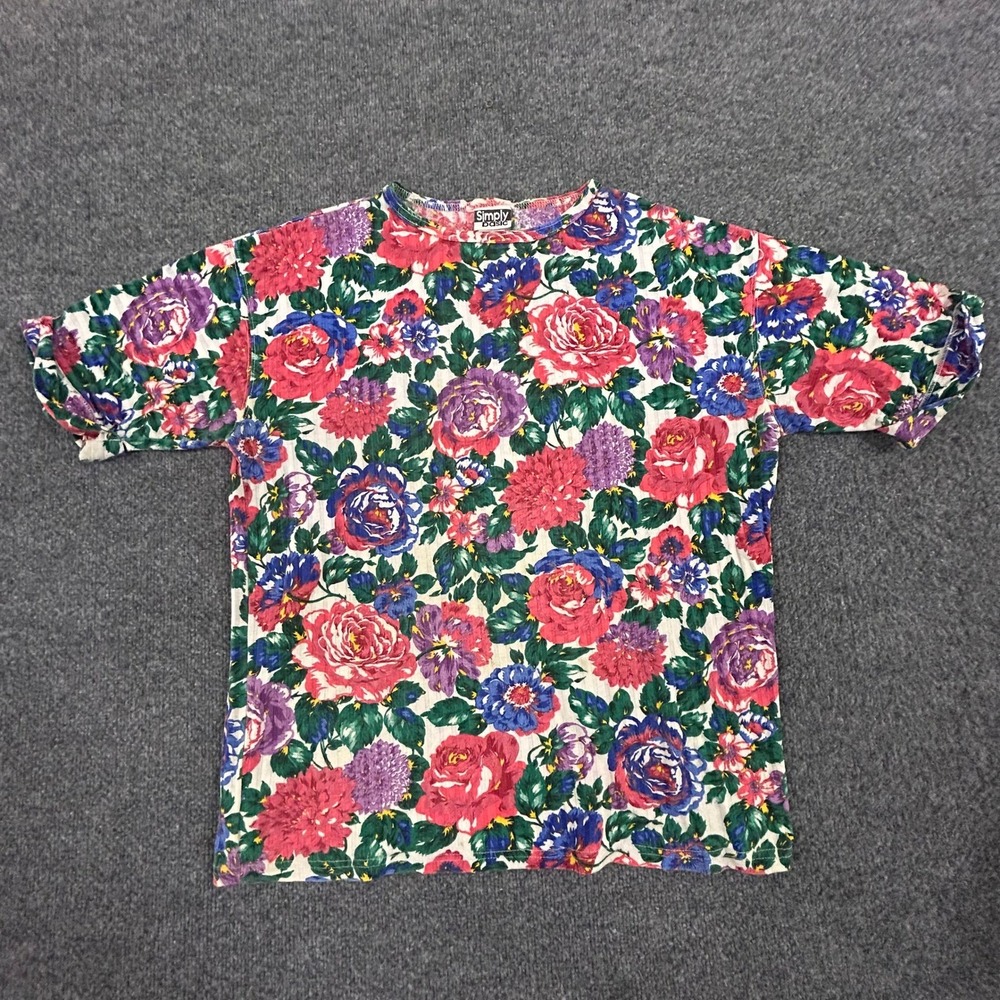Simply Basic T-Shirt Womens Size Medium Multicolor Floral Ribbed Cotton Blend